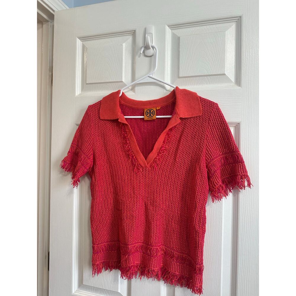 Tory Burch Brielle Runway Knit Top V-Neck Pink Orange 100% Cotton Sz S Great! - Picture 2 of 6
